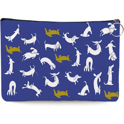 Afbeelding van Teckel etui toilettas make up tas linnen wit hond 25x17cm blauw gekke teckels