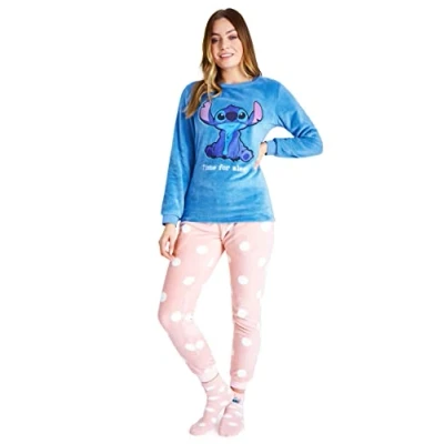 Afbeelding van Disney Vrouwen Pyjama, Fleece Loungewear en Fluffy Sokken Stitch Geschenkset (Blauw/Roze Stitch, L)