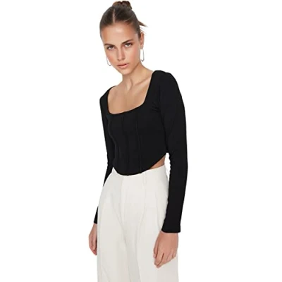 Afbeelding van Trendyol Stenen Biesdetail Vierkante Hals Aansluitende/Gelegen Crop Interlock Gebreide Blouse Twoaw23Bz00151