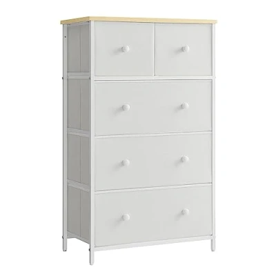 Afbeelding van Songmics LTS514W57 Commode, opbergkast, 5 stoffen laden, voor hal, woonkamer, wit eiken