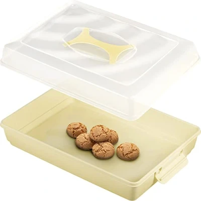 Afbeelding van KADAX Taarten en gebakdoos met deksel, 44 x 30 12,5 cm taarthouder van kunststof, transportbox handvat, bakvorm, voor blikken cake, muffins, rechthoekig, voedselbox Geel