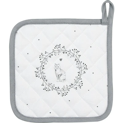 Afbeelding van Clayre &amp; Eef Pannenlap 20x20 cm Wit Grijs Katoen Kat