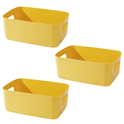 Afbeelding van Yngffb Set van 3 kleine plastic opbergmanden, opgeruimde organizer voor kantoor, thuis en keuken, het organiseren stapelbare opbergdozen met handgrepen, 19 x 13,5 7,5 cm, (geel)