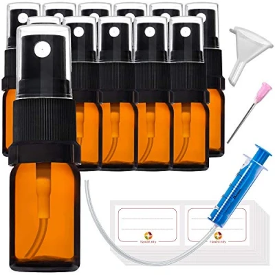 Afbeelding van HandsUnity 5ml 12st Verstuiver Glazen Fles Apotheek Amber set met Zwarte Spray gemaakt van Bruin Glas inclusief 29 hulp Accessoires