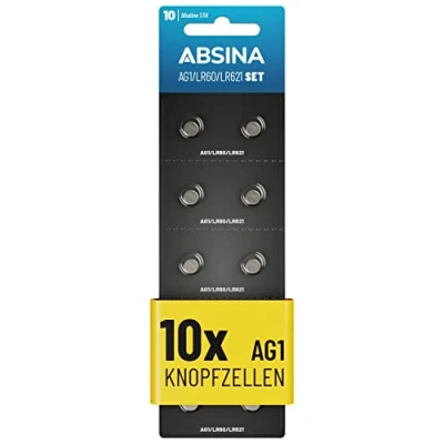 Afbeelding van ABSINA AG1 LR621 knoopcellen, verpakking van 10 stuks, 1,5 V alkaline lekvrij en met lange houdbaarheid, LR60, SR60, 1175S0, 164/602, 364, V30, SR621, knoopcelbatterijen, batterij