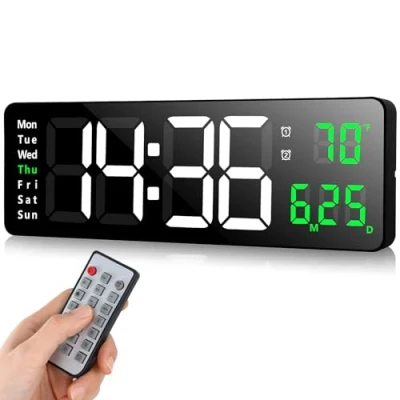Afbeelding van Fuloon digitale wandklok, led wandklok met 16,2 inch groot display, wekker afstandsbediening, timing en countdown, tafelklok datum, week, temperatuur voor slaapkamer,