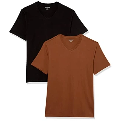 Afbeelding van Amazon Essentials Heren Slim Fit T shirt met korte mouwen en V hals, 2 stuks, zwart/bruin, XX Large
