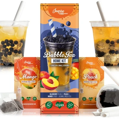 Afbeelding van INSPIRE FOOD Bubble Tea Set Blauwe Bes Boba 100g, Perziksiroop 30ml, Mangosiroop 4x Rietjes + 2x Jasmijnthee 100% vegan, glutenvrij, zonder kunstmatige kleurstoffen