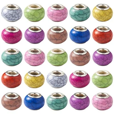 Afbeelding van Craftdady 100 stuks groot gat acryl Europese spacer kralen 14 x 9,5 mm faux turquoise dia bedel rondelle met metalen kern willekeurige gemengde kleuren voor slang ketting armband sieraden maken
