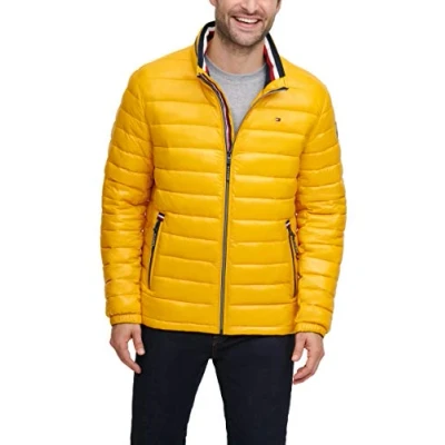 Afbeelding van Tommy Hilfiger Ultra Loft lichtgewicht opvouwbare pufferjas voor heren (standaard en groot lang), Geelgouden natte look, XL