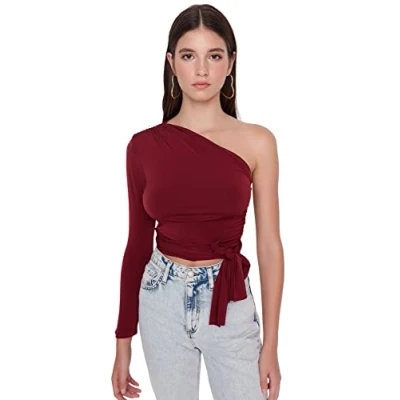 Afbeelding van Trendyol Claret Red Getailleerd/Body Sit Stropdas Detail Enkel Mouw Crop Elastisch Gebreide Blouse Twoaw23Bz00094