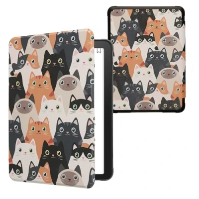 Afbeelding van kwmobile E reader hoesje geschikt voor Amazon Kindle Paperwhite (12. Gen 2024)/Kindle Colorsoft hoes flip case met magnetische sluiting Ereader cover Katten design in oranje / zwart wit