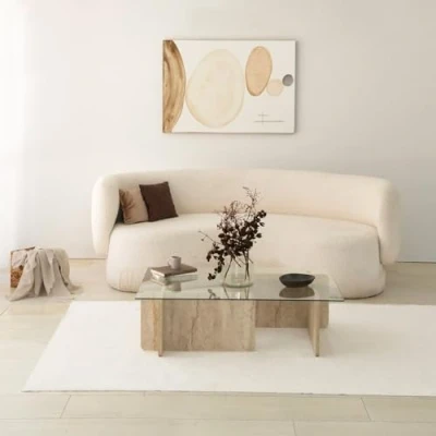 Afbeelding van Salontafel design Kindy D105cm Transparant Glazen en Beige Travertin Effect Menzzo