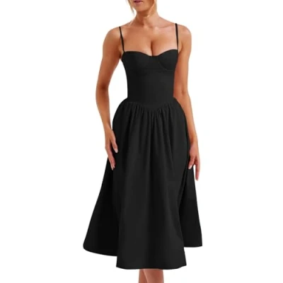 Afbeelding van HBWL01 Vrouwen Formele Zomer Spaghetti Band Bustier Midi Jurken Vloeiende Geplooide Zoom Corset Zonnejurk met Zakken Dressy Homecoming Vintage Bruiloft Gast 2024 Melkmeisje Jurken,