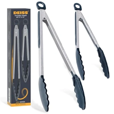 Afbeelding van Deiss PRO Kooktang met siliconen tips keukentang om te koken, barbecue, heteluchtfriteuse, hittebestendige getipte tang, tang voor kookgerei anti aanbaklaag, trekslot, set