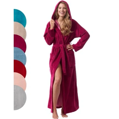 Afbeelding van Morgenstern badstof ochtendjas extra lang met capuchon bamboe katoen microfiber velour donker roze M