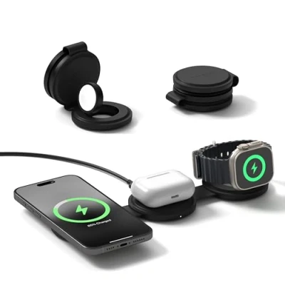 Afbeelding van SATECHI OnTheGo 3 in 1 Qi2 Reislader met 15W snelladen voor iPhone, 5W Apple Watch en AirPods, Draadloze magnetische MagSafe oplader Zwart