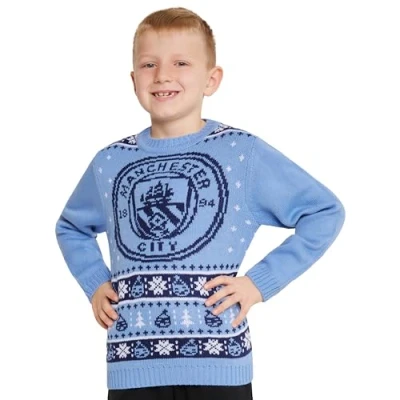 Afbeelding van Manchester City FC Kersttrui Kinderen Tieners Warme Gezellige Voetbal 7 14 Jaar Man Cadeaus voor Jongens (Blauw, 11 12 Jaar)