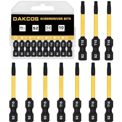 Afbeelding van DAKCOS T15 lange bit, Torx Bit T15, S2 bitset, 1/4 zeskantschacht schroefbit (lengte: 50 mm, 10 stuks)