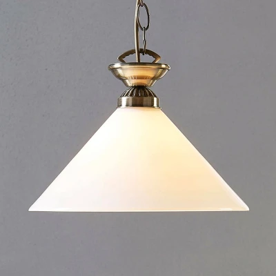 Afbeelding van Lindby hanglamp 1licht glas, metaal E27 opaalwit glanzend, oud messing