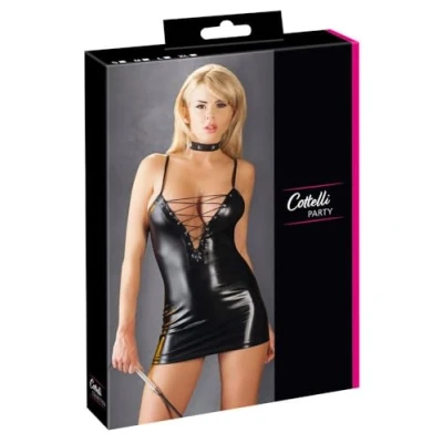 Afbeelding van Cottelli Collection Mini Jurk met Scherpe Veters in een Glanzende Wetlook Variant voor Pret en Uitdaging Maat M Zwart