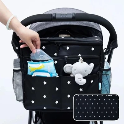 Afbeelding van Orzbow Groot Kinderwagen Organizer, Waterdichte 22l Baby Wandelwagen Tas met 2 Bekerhouders, Multifunctionele Luiertas Verwijderbaar Tussenschot, Extra Haken, en Aankleedkussen, Zwart