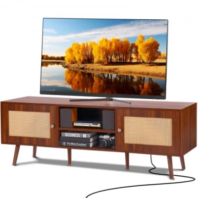 Afbeelding van VEVOR tv meubel van rotan voor 65 inch tv, moderne bank, Boheemse console met geïntegreerd stopcontact en USB poorten, verstelbare planken, woonkamer, multimedia kamer, walnoot