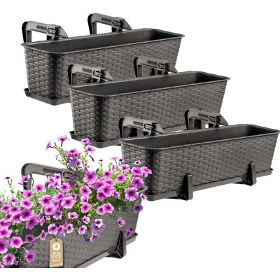 Afbeelding van KADAX Bloembakset, balkonbak van kunststof, plantenbak voor bloemen en kruiden, duurzame balkonpot, balkon, 60 cm, set 3, bruin