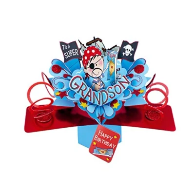Afbeelding van Second Nature pop Ups verjaardag up kaart met &quot;Grandson Happy Birthday&quot; lettertering piratendesign