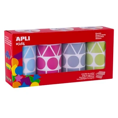 Afbeelding van APLI Kids 19190 4 rollen geometrische rubbers gesorteerd, 27 mm, blauw, fuchsia, grijs en groen
