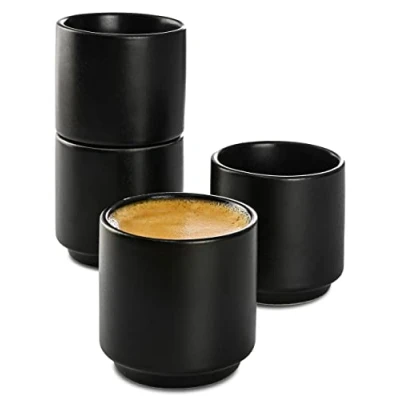 Afbeelding van Espresso Kopjes Zwart Set van 4 Keramisch Stapelbaar Ontwerp Dikwandig Vaatwasmachinebestendig 70 ml