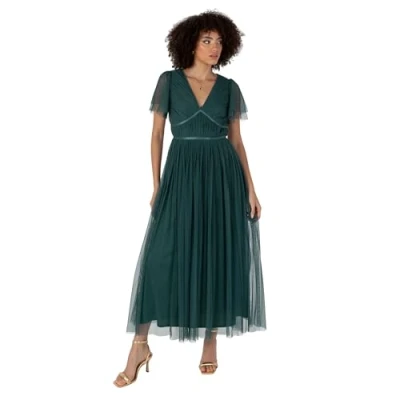 Afbeelding van Anaya with Love Dames Midaxi Jurk V hals Shorts Flutter Mouw Ribbon A Line Tule voor Bruidsmeid Bruiloft Gast Prom Ball Gown Dames, Emerald Groen, 46