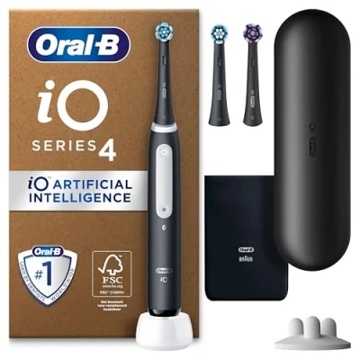 Afbeelding van Oral B iO 4 Zwarte Plus Edition Elektrische Tandenborstel, 3 Opzetborstels, 1 Reisetui, Ontworpen Door Braun,Mat Zwart