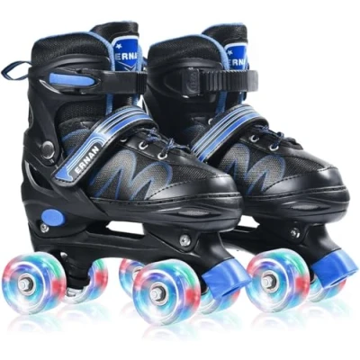 Afbeelding van ERNAN Rolschaatsen kinderen Rollaarzen, 8 oplichtende wielen en 4 maten verstelbaar. voor kinderen, beginners, geschikt binnen buiten (blauw, L)