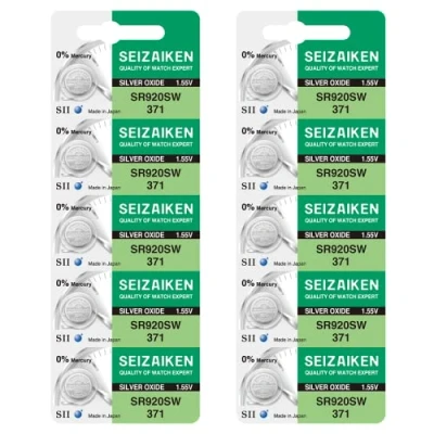 Afbeelding van Seizaiken 371 SR920SW 1.55V 0% Hg Silver Oxide Watch Battery (10 Batteries) Made in Japan by Seiko