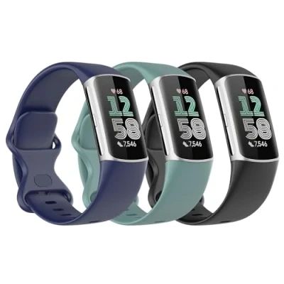 Afbeelding van Astorgos 3 Pack Straps Compatible with Fitbit Charge 6/Fitbit 5 for Women Men, Soft TPE Watch Strap Replacement Band, Black/Dark Blue/Pine Green