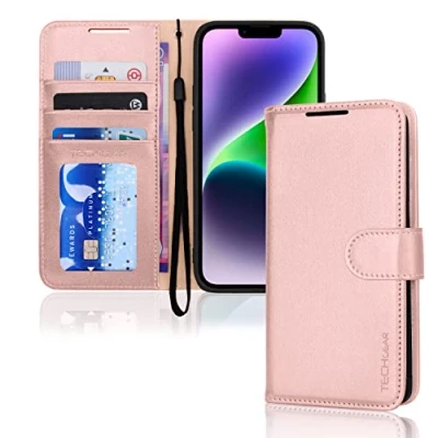 Afbeelding van TECHGEAR iPhone 14 lederen portemonneehoesje, flip beschermhoes met portemonnee kaarthouder, standaard en polsband roze PU leer magnetische sluiting voor 6,1 inch