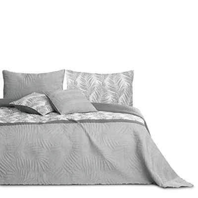 Afbeelding van AmeliaHome Sprei, bedsprei, 260 x 280 cm, tweezijdig, onderhoudsvriendelijk, stiksel, plantenpatroon, grijs/wit, tropische bonaire