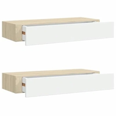 Afbeelding van Wandschappen 2 st met lade 60x23,5x10 cm MDF eikenkleurig wit