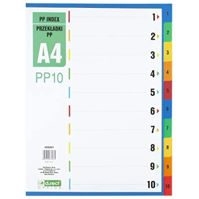 Afbeelding van D.RECT Register voor A4, PP10, 10 tabbladen, ringband, tabbladen met cijferopdruk 1 10, meerkleurig, kleurscheiders van PP, polypropyleen