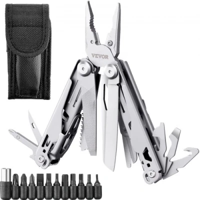 Afbeelding van VEVOR Multifunctionele tang van roestvrij staal, 17 in 1, multifunctioneel zakgereedschap met zelfvergrendelde structuur, zakclip en tas voor buiten, survival, kamperen, wandelen, eenvoudige reparatie