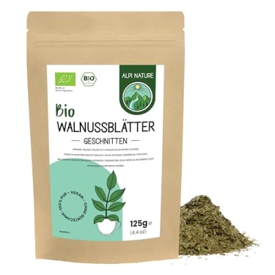 Afbeelding van walnotenbladthee BIO 125g van Alpi Nature, losse thee, biologische walnotenbladeren gedroogd en gesneden voor het bereiden walnotenbladthee, kruidenthee