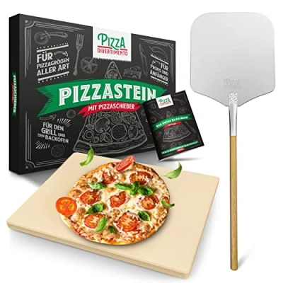 Afbeelding van Pizza Divertimento [HET ORIGINEEL] steen voor oven en gasgrill [Set van 3] Met pizzaschuif &amp; pizzasnijder Cordierite pizzasteen Accessoires broodbakken Inclusief e receptenboek