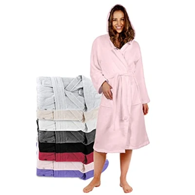 Afbeelding van Twinzen badjas voor dames, XS, S, M, L, XL, 100% katoen, Oeko Tex® gecertificeerd, met capuchon, 2 zakken, riem, roze, XS