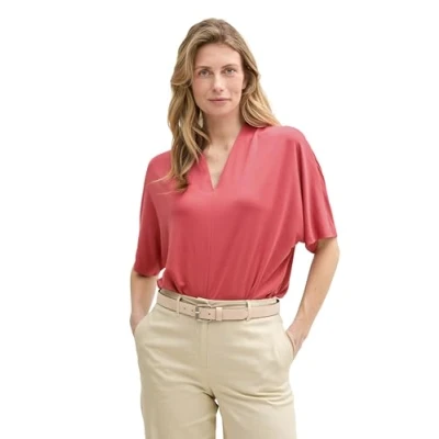 Afbeelding van TOM Tailor V NECK Tshirt basic, Dames, Maat: Small, Berry red