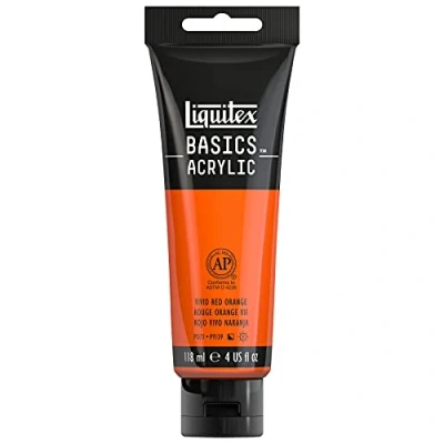 Afbeelding van Liquitex Basics 1046620 monopigmenteerde acrylverf, kunstenaarspigmenten, lichtecht, gemiddelde viscositeit, asiefkwaliteit, zijdeglanzende afwerking, 118 ml tube, rood oranje levendig