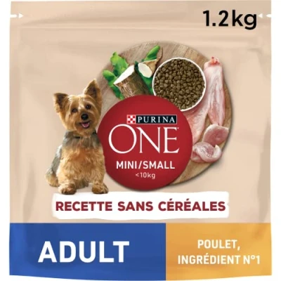 Afbeelding van PURINA ONE Mini/Small &lt; 10 kg graanvrij droogvoer met kip voor volwassen honden, klein, zak van 1,2 kg, 6 stuks