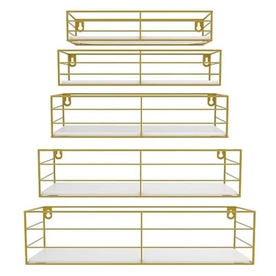 Afbeelding van HORLIMER Zwevende wandplanken van hout, wit, met goudkleurig ijzeren frame, rechthoekig, 5 stuks, praktisch en esthetisch, voor woonkamer, slaapkamer, badkamer, kantoor