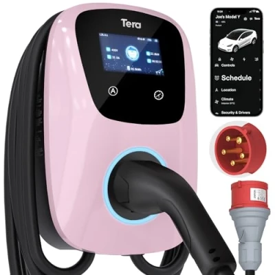 Afbeelding van Tera EV oplader Smart APP: 32A type 2 22kW of 11kW thuis laadstation 400V CE &amp; TÜV Wallbox 7 m oplaadkabel met lader houder app besturing CEE 3 fasen stekker voor alle EV&#039;s en PHEV&#039;s W01 lichtroze