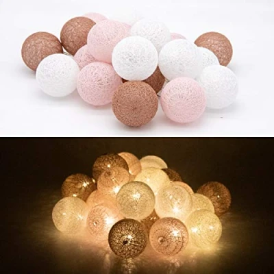Afbeelding van Tronje LED Lichterketting van 20 Katoenen Bal Ø6cm 4h Timer Snaarlichten 3,8m Lichtsnoer Batterijvoeding Binnen Warm Wit Lichten Bruin Roze